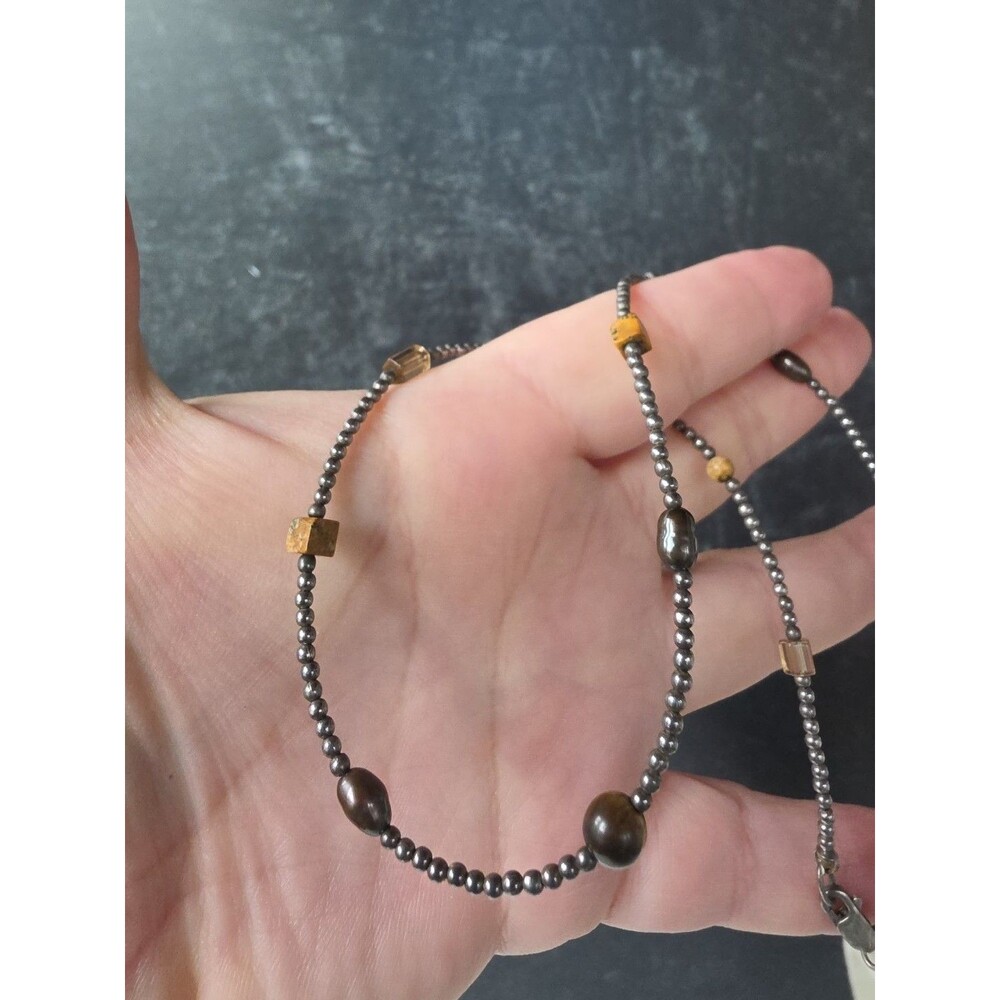 925 Sterling Silver Tiger's Eye Pearl & Quartz Beaded Station Necklace Vintage